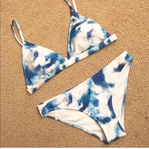 blue and white tie dye bikini
